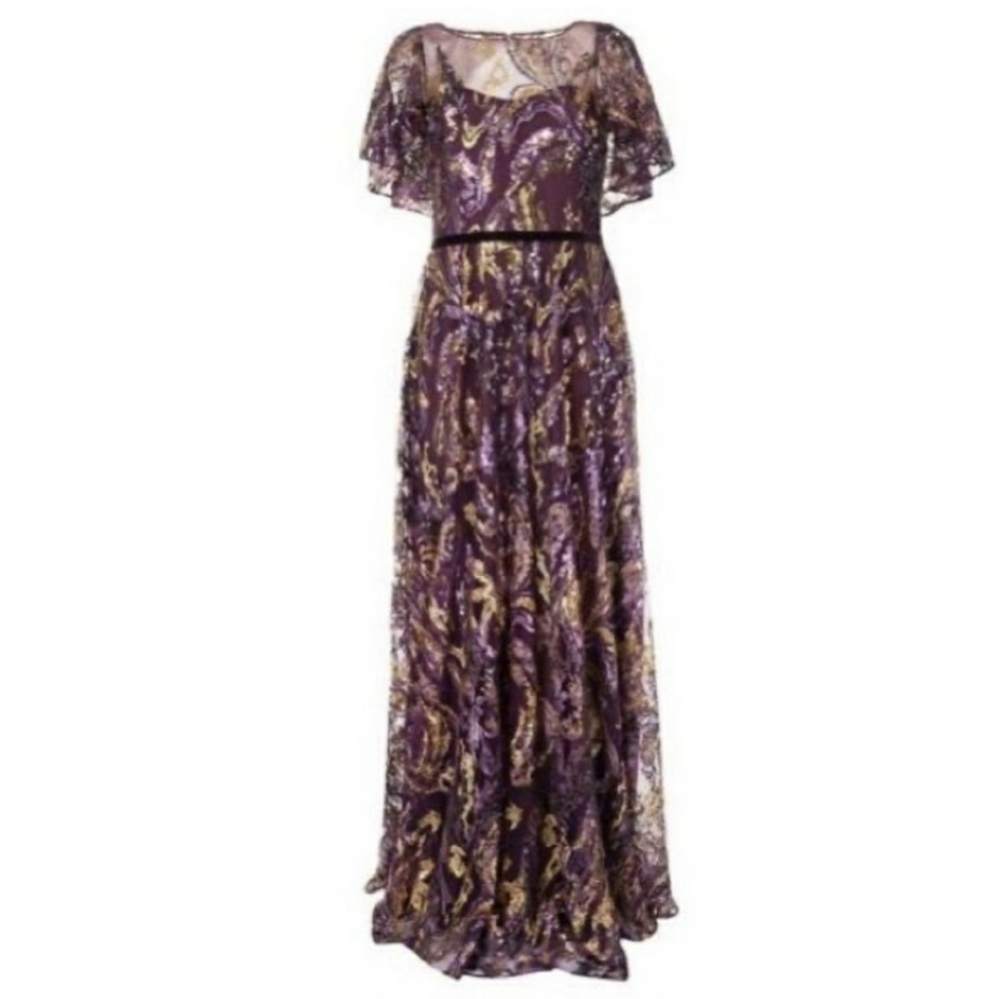 Marchesa Purple Gold Velvet-trimmed embellished tulle gown